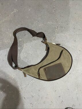 Olive Canvas Crescent Crossbody with Brown Trim